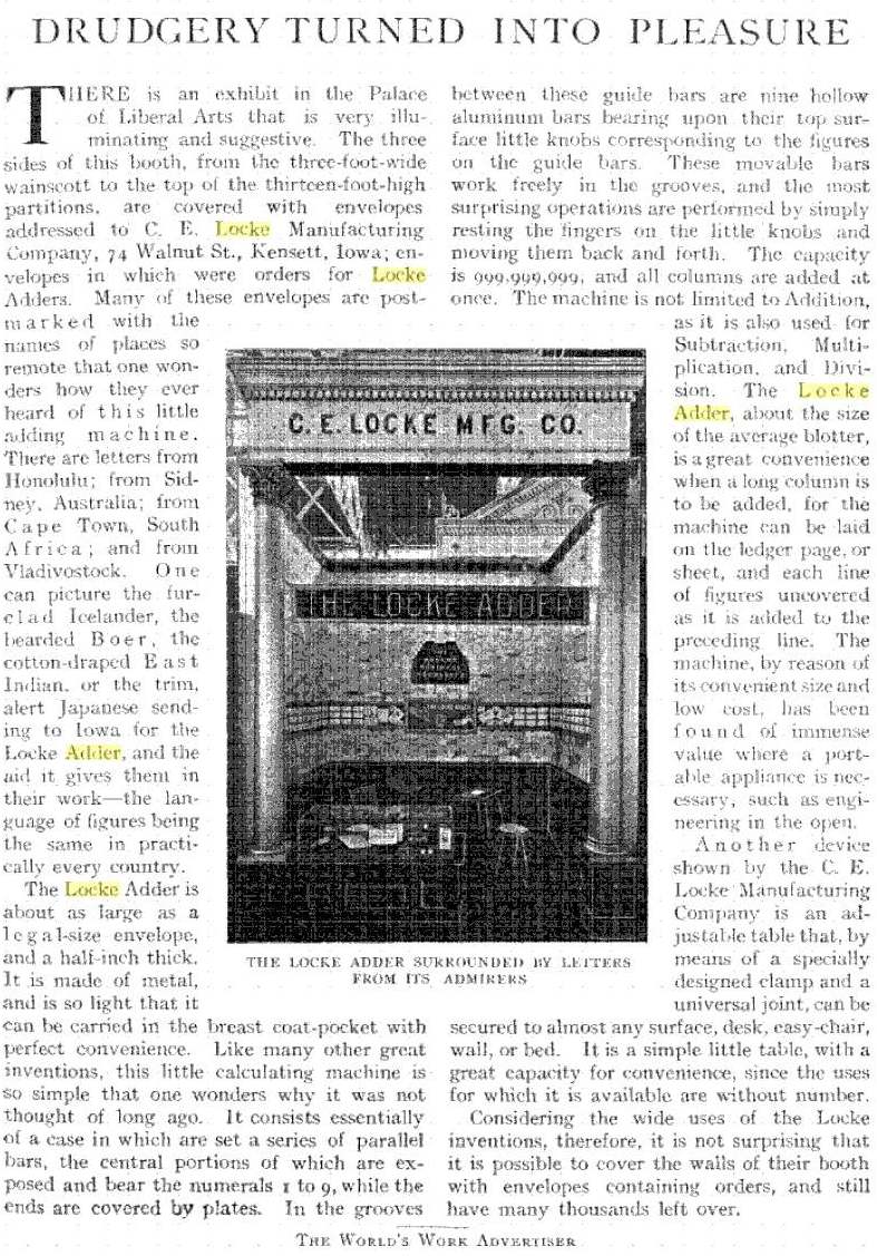 The Locke Adder C.E. Locke Mfg. Co. Kensett Iowa 1901